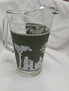 Jennette Glass Hellenic Glass Pitcher with Green and White Classical Scene
